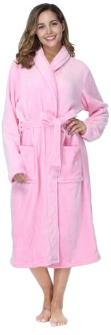 RONGTAI Badrock för kvinnor fleece plysch varm lång morgonrock fleece nattlinne nattkläder, Rosa, XL