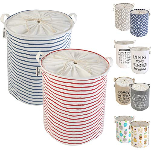 LessMo 2 Piezas de 17.7 Lazo de la Cesta de lavadero de Almacenamiento Clasificador, Plegable Pop-Up de lavandería Cestas, Impermeable Redondo de algodón de Lino (Tiras Espesada 17,7 / Medio)
