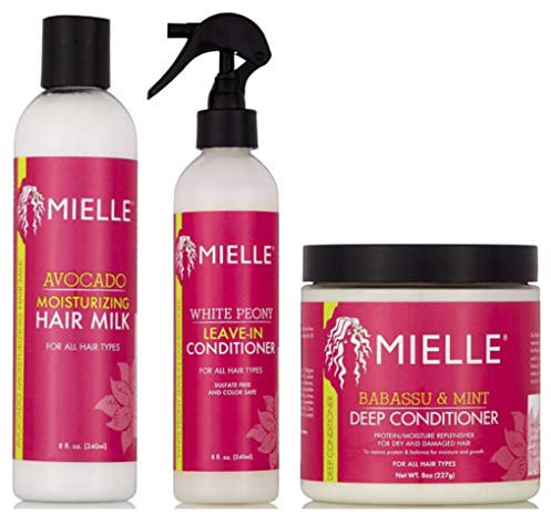 Mielle Organics Moisturizing Avacado Hair milk 8oz, White Peony Leave-In Conditioner 8oz & Babassu Oil and Deep Mint Conditioner 8oz