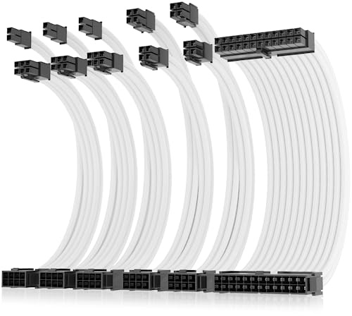 AsiaHorse 16AWG Pro Power Supply Sleeved Cable, White Dual EPS Kit, 1x24-PIN 2x8-PORT (4+4) M/B, 3x8-PORT (6+2) PCI-E, 30cm