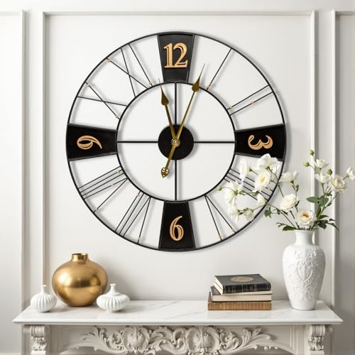 Yumyolk Wanduhr groß rund Metall geräuschlos Nicht tickend batteriebetrieben, 60cm, 24 Zoll arabische Ziffern, Uhren für Wohnzimmer, Schlafzimmer, Küchen wanduhr Dekoration