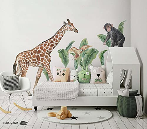Safari-Tier-Wandaufkleber-Set für Kinder, Aquarell, abnehmbar, für Kinderzimmer, große Wand