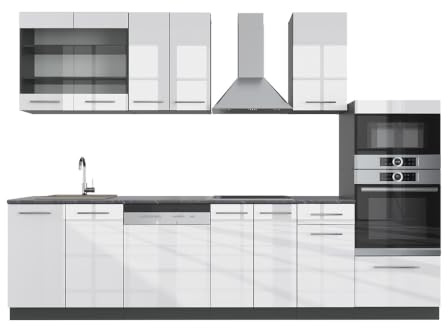Vicco Küchenzeile Fame-Line, Weiß Hochglanz/Anthrazit, 300 cm | 8 Module · Höhenverstellbare Füße · Ohne Arbeitsplatte · MDF-Fronten · Softclose · Metallgriffe