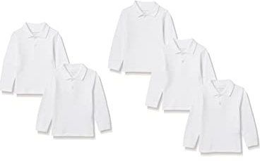 Amazon Essentials Polo in Filato piqué a Maniche Lunghe Bambini e Ragazzi, Pacco da 5, Bianco, 9 Anni