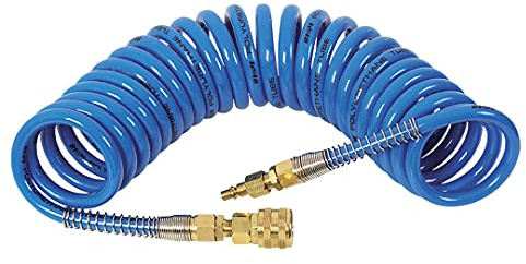 Neo Tools Druckluftschlauch für Druckluftwerkzeuge, Arbeitsdruck 8-10 bar, Spiralschlauch aus Polyurethan, Arbeitstemperatur von -10 °C bis +35 °C, mit Schnellkupplung