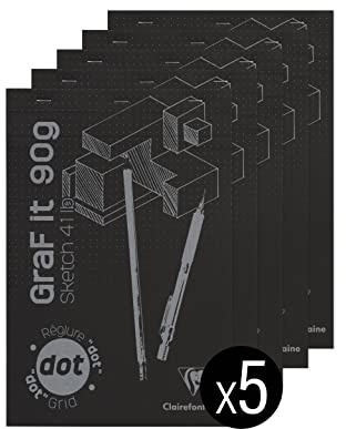 Clairefontaine 96844C - Packung mit 5 Blöcken GraF'it, geheftet, ideal für Skizzen und Zeichnungen, 40 Blatt abtrennbar, DOT Lineatur, DIN A4 21x29,7 cm 90g, Schwarz, 1 Pack