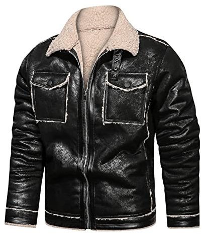 CCOOfhhc Pilotenjacke Herren Leder Mit Faux Fell Pelz Winter Warnjacke Arbeitsjacke Gefüttert Übergangs Jacken Herbst Bomberjacke Vintage Jacke Ohne Kapuze Braun Plüsch Kurz Cardigan Slim Fit Mäntel