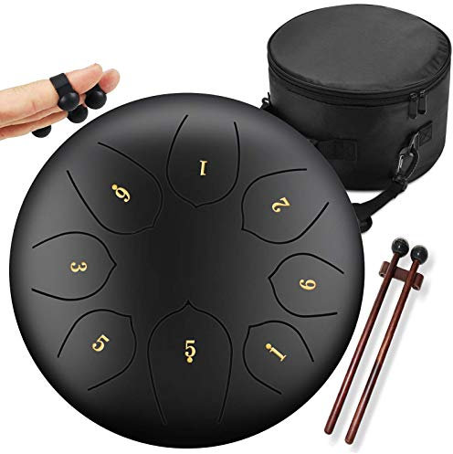 Generic 8 Notes 8 Zoll Steel Tongue Drum, Lotus Hand Drum Yoga Precussion Musikinstrument mit gepolsterter Reisetasche und Gummischlägeln, für Anfänger, Schwarz