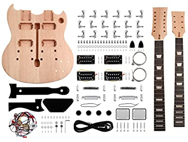 Fistrock Kit de guitarra eléctrica de doble cuello, kit de guitarra para principiantes, 12 cuerdas para diestros con cuerpo de caoba, cuello de caoba, diapasón de palisandro, herrajes cromados, para