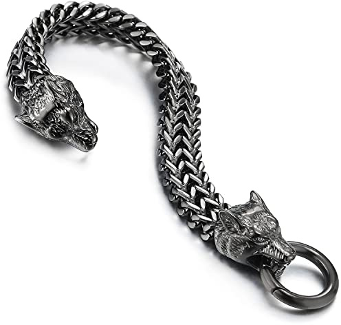 COOLSTEELANDBEYOND Biker Gris Negro Acero Brazalete del Lobo Cabeza, Enlace Franco, Cadena Barbada, Pulsera de Hombre, con Cierre Mosquetón