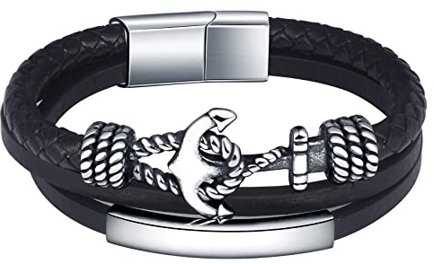 Feilok Anchor Bracelet for Man Genuine Leather Women Unisex Cuff Wrap Bracelet Black Clasp Rope Wristband