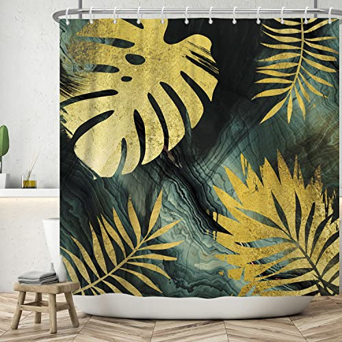 Bovlleetd Goldene Monstera Blätter Duschvorhang 180x180cm Abstrakte Kunst Bohemian Mid-Century Pflanze Bad Dekor Wasserdicht, Waschbar Polyester Badevorhänge mit 12 Haken für Badezimmer, Badewanne