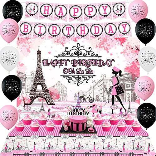 Cheereveal Happy Birthday Paris Dekorationen für Mädchen Rosa Eiffelturm Geburtstag Party Supplies Paris Happy Birthday Hintergrund Tischdecke Banner Eiffelturm Cupcake Toppers