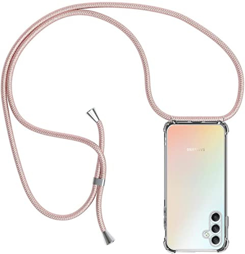 ZYIMOU für Samsung Galaxy A34 5G Hülle mit Band, Handyhülle Samsung Galaxy A34 5G Handyband Hülle mit Kette Schutzhülle Kordel zum Umhängen Transparent Weich TPU Silikon Bumper, Rosé Gold
