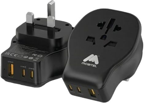Mobitel Universal Travel Adapter UK with 20W USB-C PD 1 USB-A & 2 USB-C Ports Worldwide Plug Adapter for EU US AU Asia Fast Charging Power Adapter for Travel (Black)