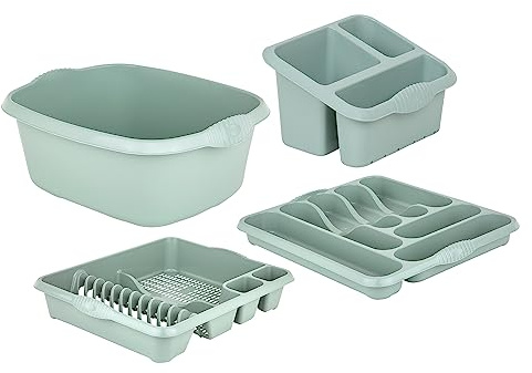 M1SS SILVER SAGE - 4 Piece Casa Plastic Kitchen Set (38cm Rectangular Bowl, Large Cutlery Tray, Large Dish Drainer & Sink Tidy) Perfect for Kitchen Organisation Home and Restaurants