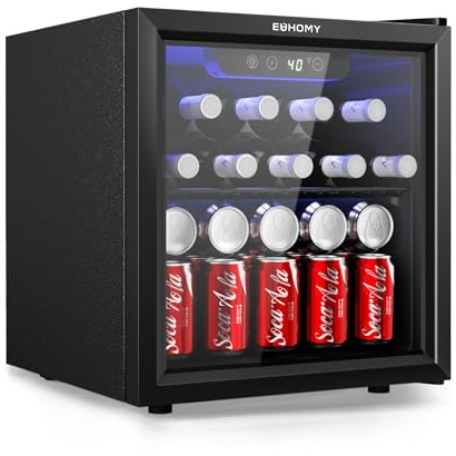 EUHOMY 48 Can Beverage Refrigerator cooler-Mini Fridge Glass Door for Beer Drinks Wines, Countertop Beverage Fridge with Adjustable Shelves Blue LED for Home/Office/Dorm/Bar, 1.3 cu.ft