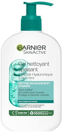 GARNIER Skin Active - Gel Nettoyant Apaisant - pH Neutre - Élimine Maquillage & Impuretés - Hydrate & Repulpe - Enrichi En Aloe Vera, Glycérine & Acide Hyaluronique - Vegan & Cruelty Free - 250 ml