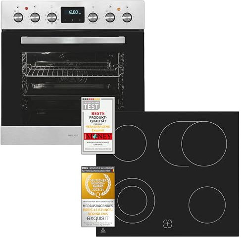 Exquisit Herdset EHE185-HBZ-020-Set inox | Herd mit Backofen 75 L Garraum | 9 Programme | EEK A | LED | Edelstahl Design