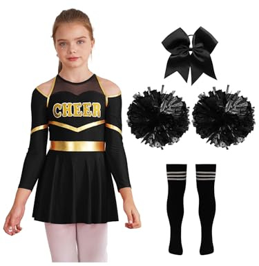 Aislor Mädchen Cheer Leader Kostüm Halloween Langarm Cheerleading Uniform Outfits Pailletten Kleid mit Pompoms/harrband Strümpfe Cheerleading Tanzkleid