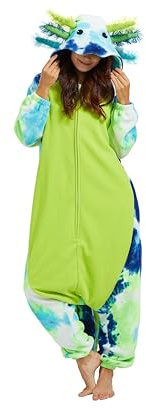 SimZoo Animal Onesie Pyjamas pour Adultes Hommes Femmes Costume Tie Dye Vert Axolotl VêTements De Nuit Unisexe Une PièCe Homewear