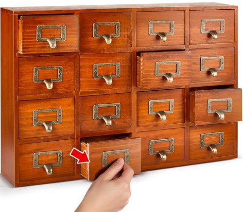 Qinyoung 16 Drawers Apothecary Cabinet Library Card Catalog Cabinet Tabletop Vintage Apothecary Chests Cabinets Rustic Herb Storage Box with Drawers Wooden Desk Drawer Organizer Medicine Furniture