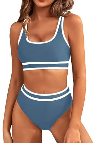 BMJL Women's High Waisted Bikini Sets Sporty Two Piece Swimsuit Color Block Cheeky High Cut Bathing Suits(M,Grey Blue)