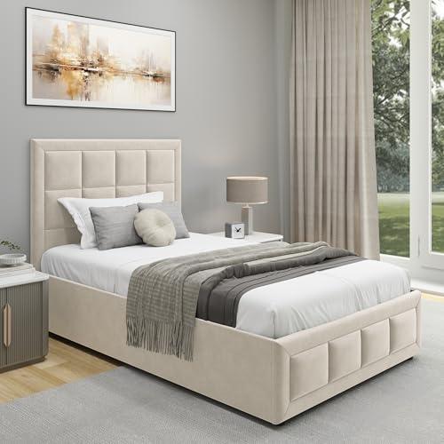 Blisswood Ottoman Storage Bed with Gas Lift End Opening Wooden Slats, Ottoman Single Bed Frame, Upholstered Gas Lift Up Bed Frame with Storage, (3ft Beige Single Bed, No Mattress Included)