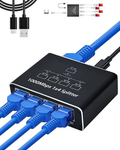 LIEZHUA Ethernet Splitter 1 to 4 - Network Splitter with USB Power Cable, RJ45 Internet Splitter Adapter 1000Mbps High Speed for Cat 5/5e/6/7/8 Cable [4 Devices Networked Simultaneously]