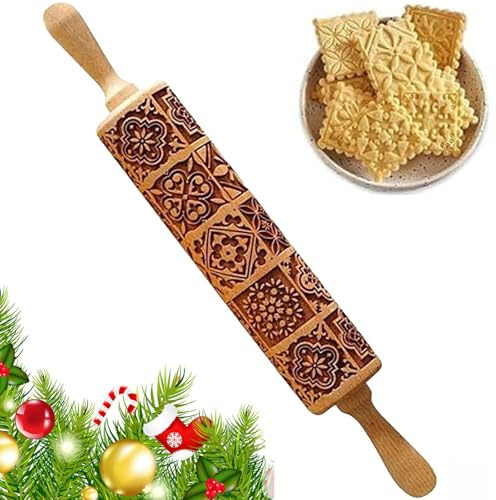 Holz-Nudelholz, Weihnachten Backen-Teigroller, Nudelholz mit Motiv-3D Plätzchen Roller, Nudelholz als Backzubehör, Küchenwerkzeug Backzubehör für DIY Gebäck, Kuchen, Keksen