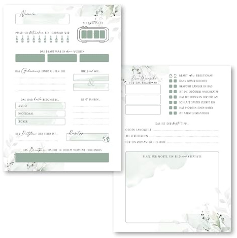 Generisch Gästebuchkarten für Hochzeit, 25er Set in DIN A5 (14,8x21cm), Hochzeitsspiel mit Fragen zum ausfüllen im Greenery Blätter Look, Gästekarten als Gästebuch Alternative