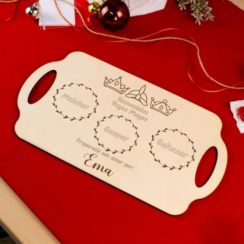 DEREGALOOS Bandeja Navidad Personalizada con Nombre. Diseño de Papá Noel o Reyes. Regalo Original para Niños. Ideal para Desayuno Navideño en Madera Natural (Diseño 5, Rectangular Grande)