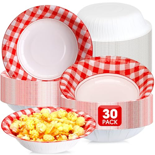 Nuogo 30 Pcs Red and White Gingham Paper Bowl 16oz Disposable Summer Party