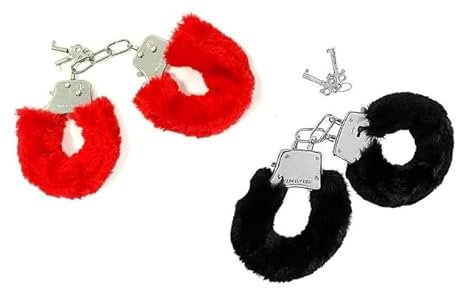 BETTER WITH FRIENDS 2 paia di manette. 1 rosso e 1 nero. polizia donna,poliziotto,infermiere,medico, ufficiale di sicurezza, accessorio per costumi. metallo con peluche