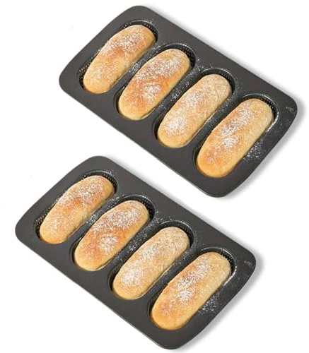 PALUPLUS 2 Stampi per Pane, Misura 34,6x21,5 cm, Teglia da Forno in Acciaio al Carbonio Antiaderente, 8 Forme Forate da 17x7 cm per Mini Baguettes, Resistente fino a 230° -3995F