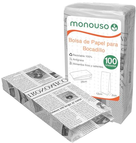 Monouso | 100 Bolsas de Papel 12+2x26cm, Diseño Periódico, Bocadillos para llevar, Envoltorio para pan, Comida para llevar, Almuerzo, Desayunos Take Away