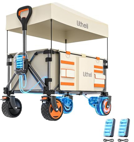 Litheli Carretilla eléctrica Plegable, Carro de Mano Plegable, Doble Motor con Frenos, 150 L, 60 kg, Carro Plegable Adecuado para Camping, jardín, Playa, Compras (Beige + Lona de Techo)