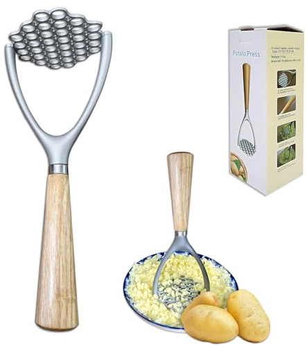 Kartoffelstampfer aus Edelstahl, 22,9 cm, Holzgriff, Kartoffelstampfer, doppelt gebogene Kanten, Küchenwerkzeug, Kartoffelzerkleinerer, Lebensmittelzerkleinerer