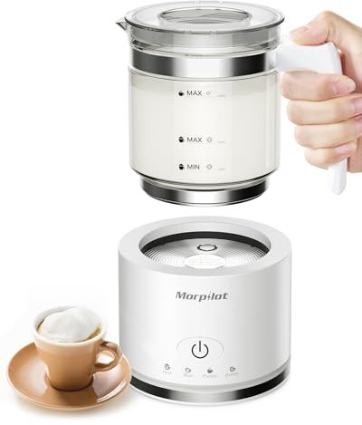 Morpilot Milchaufschäumer Elektrisch, 500ml 600W, 4 in 1 Milchschäumer für Heißer und Kalter, Spülmaschinenfest, Visuelles Glas, Latte-Design, Weiß