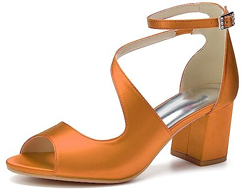 HFWXYSA Scarpe da Sposa con Tacco Largo Punta Aperta da Donna con Cinghietti Sandali da Festa in Raso,Arancia,38 EU