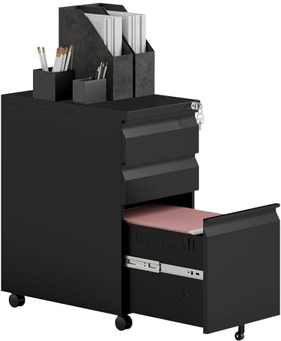 Vinsetto Rollcontainer mit 3 Schubladen mobiler Aktenschrank mit Rollen abschließbar Büroschrank mit Hängeregistratur, Stiftablage für Büro, Homeoffice, 30 x 43,5 x 60 cm, Schwarz