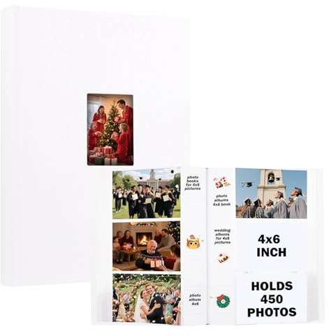 Ruibytree album fotografico 10x15 cm 450 foto con spazio per scrivere, copertina in pelle con finestra frontale,Libro di immagini per matrimoni, famiglie e vacanze (Bianco)