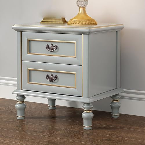 Comodino grigio in legno con 2 cassetti, comodino in pino massello, console notte per camera da letto e soggiorno, elegante soluzione di archiviazione, 43 cm