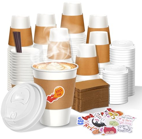 BIBBOO 12 oz Disposable Coffee Cups with Lids, Sleeves and Stirrers 100 Pack, Hot Cups with Lids, Leak-Proof To Go Cups for Hot Chocolate, Cocoa, Office, Coffee Bar Accessories