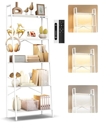 OUTONLIFE Libreria a Scala Larga a 5 Ripiani con Luce LED, Touch e Telecomando, 3 Temperature di Colore, Scaffale Angolare Alta Dimmerabile in Metallo e Legno per Soggiorno e Camera da Letto