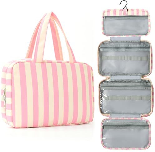 Apxouans Toiletry Bag for Women Travel Water-resistant Cosmetic Bag Fashion Stripes Makeup Bag with Hanging Hook Preppy for Store Toiletries Cosmetic Accessories Medium Pink