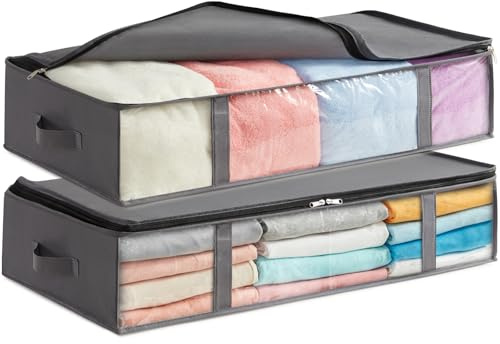 Lifewit 90L förvaring under sängen, 2-pack, vikbara förvaringspåsar för kläder med genomskinligt fönster på framsidan, garderobsorganisering och förvaring för handdukar, kläder, täcken, Grå