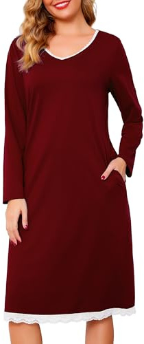 Vlazom Nighties for Women, Cotton Nightdress Soft Long Sleeve Nightgowns Elegant Lace Trim V-Neck Nightgshirt Nightwear with Pockets S-3XL
