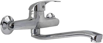 Miscelatore Monocomando per Cucina a Muro Cromato, Rubinetto Lavello con Bocca Girevole Lunga, Design Moderno