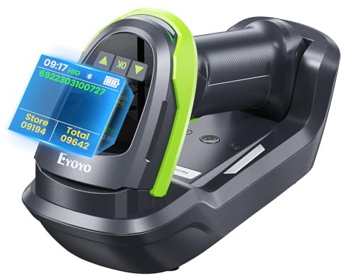Eyoyo 1D 2D Barcode Scanner kabellos Bluetooth mit Bildschirm & Ladestation | Pro QR Code Scanner, Wandhalterung mit Ladestation und Verriegelung, 2900 mAh austauschbarer Akku, 1,44-Zoll-LCD-Tastatur
